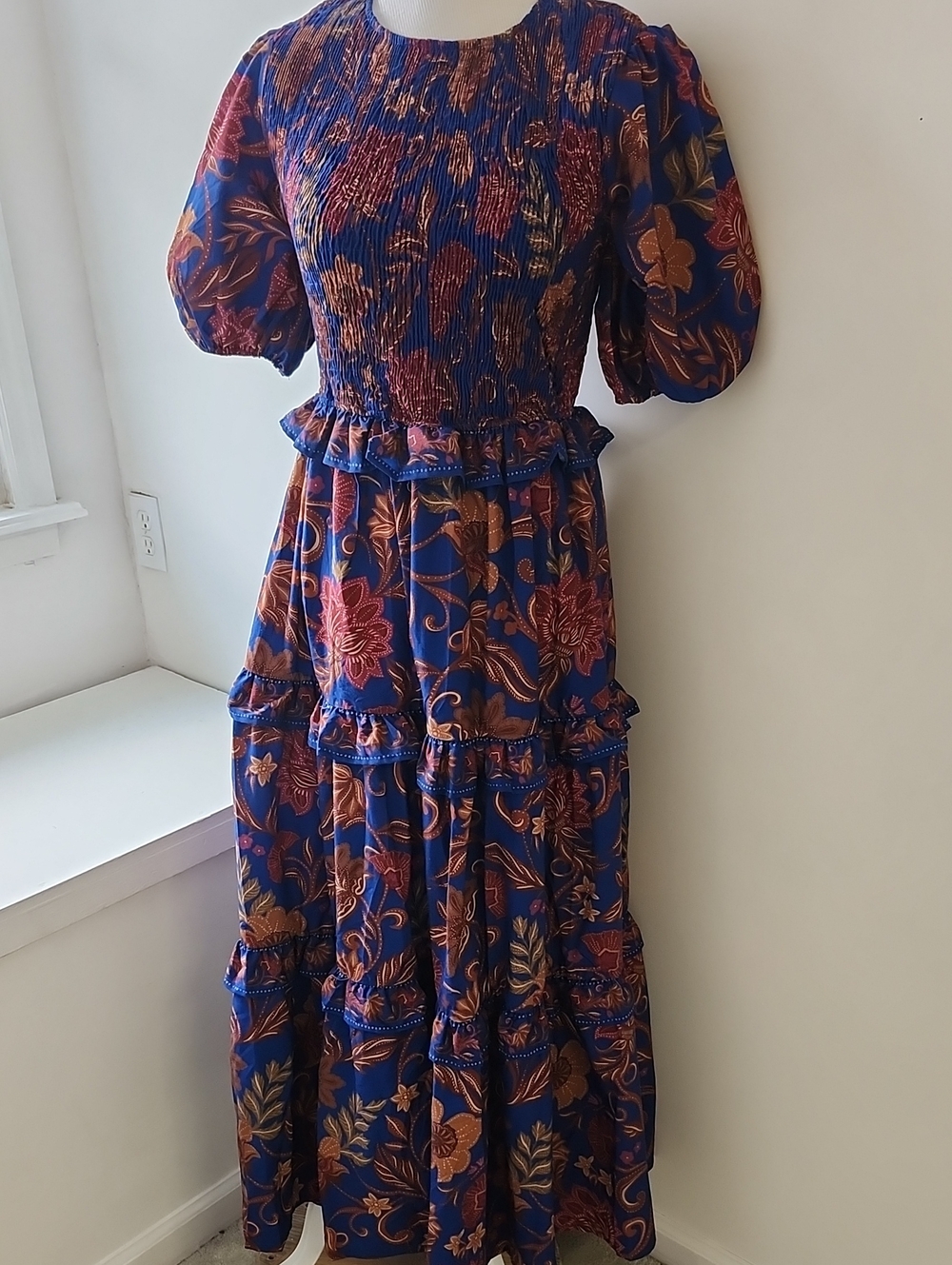 Flying Tomato Floral Print Maxi Shirt Dress Smocked Bodice Puff Sleeve Size M